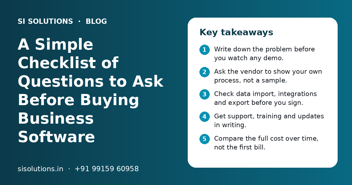 A Simple Checklist of Questions to Ask Before Buying Business Software: key takeaways infographic